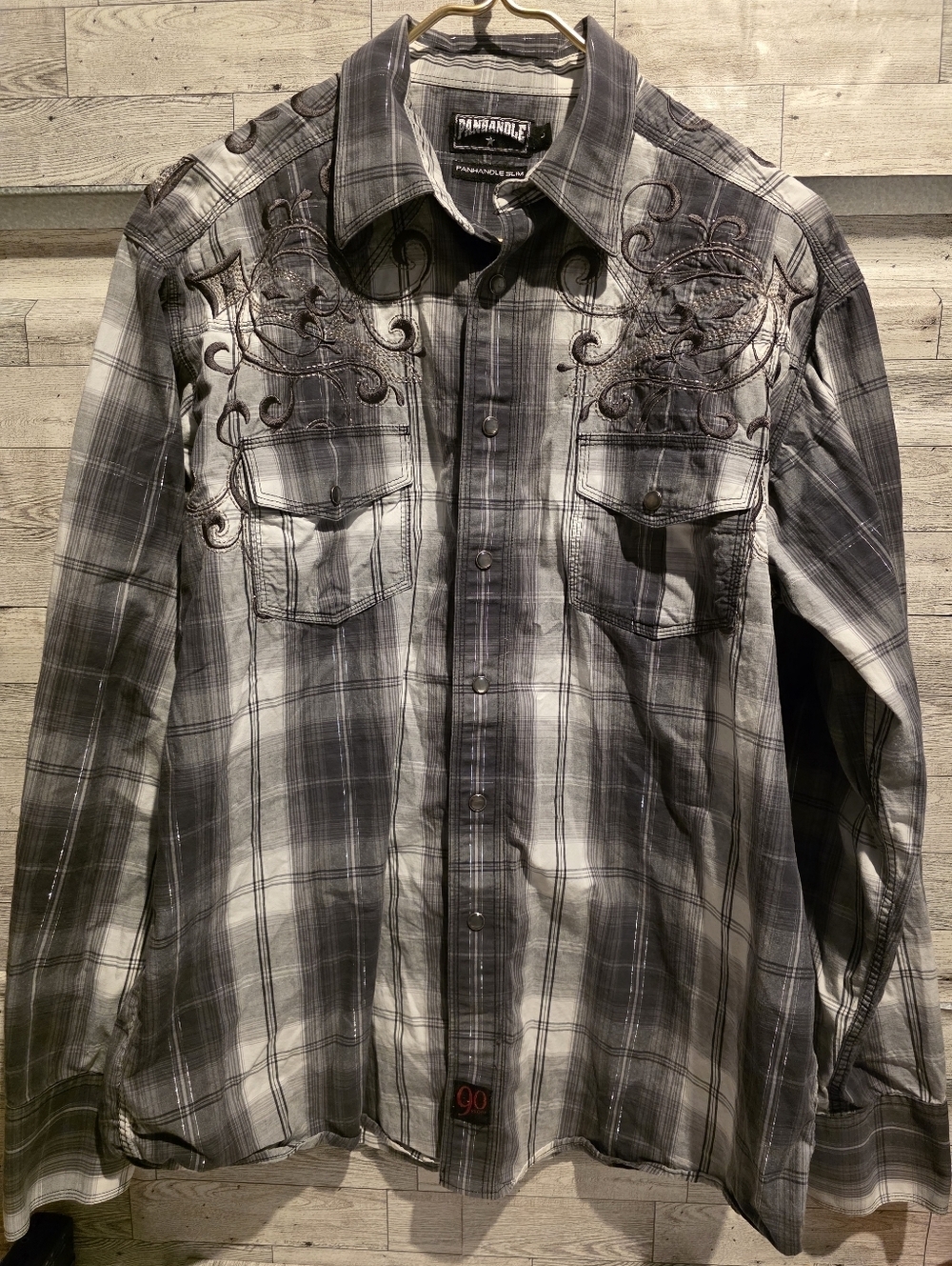 Panhandle Slim Gray and Black Plaid Embroidered Western Button-Down Shirt